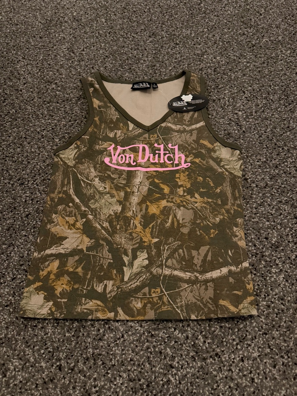 Von Dutch Olive Green Camo Tank with Pink Logo